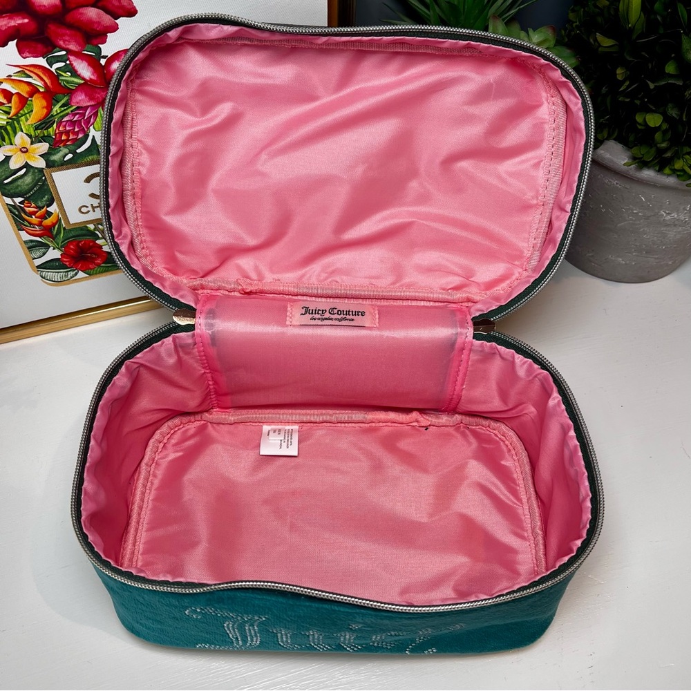 Juicy Couture Teal Velvet Snake Print Cosmetic Bag Gold Trim Rhinestones - Picture 8 of 10